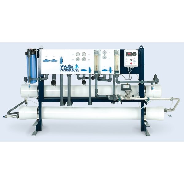 Watermakers | Advanced Reverse Osmosis Desalination Systems - Watermaker WMFQ-10000U reverse osmosis desalination system in a frame configuration. White machine with pipes, dials, buttons and gauges.
