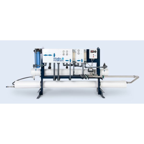 Watermakers | Advanced Reverse Osmosis Desalination Systems - Watermaker WMFQ-14000U reverse osmosis desalination system in a frame configuration. White machine with pipes, dials buttons and gauges.