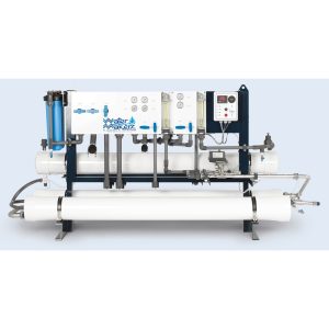 Watermaker WMFQ-17000 reverse osmosis system with blue and white pipes and gauges
