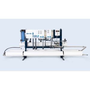 Watermakers | Advanced Reverse Osmosis Desalination Systems - Watermaker WMFQ-24000 reverse osmosis desalination system in a frame configuration. White machine with pipes, dials, buttons and gauges.