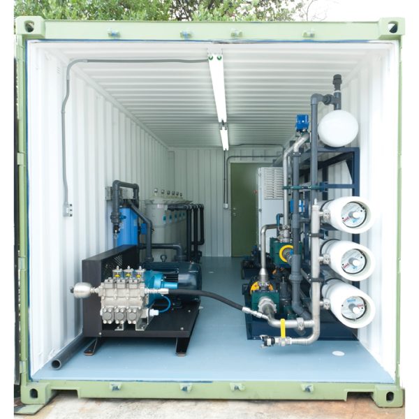 Watermaker WMFE-50000 system set up in a container configuration.