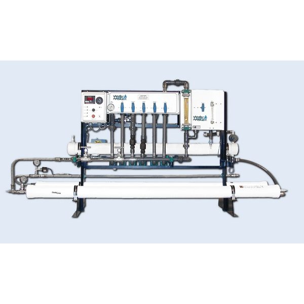 Watermakers | Advanced Reverse Osmosis Desalination Systems - Watermaker WMFQ-5500U reverse osmosis desalination system in a frame configuration. White machine with pipes, buttons and gauges.