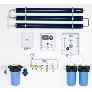 Watermakers | Advanced Reverse Osmosis Desalination Systems - Watermaker WMSQ-1400 reverse osmosis desalination system in a modular, wall-mounted configuration. Blue and black pipes and white system boxes with dials and gauges.