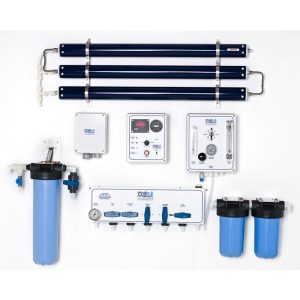 Watermakers | Advanced Reverse Osmosis Desalination Systems - Watermaker WMSQ-1700 reverse osmosis desalination system in a modular, wall-mounted configuration. Blue and black pipes and white system boxes with dials and gauges.