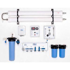 Watermakers | Advanced Reverse Osmosis Desalination Systems - Watermaker WMSQ-2200 reverse osmosis desalination system in a modular, wall-mounted configuration. Blue and white pipes and white system boxes with dials and gauges.
