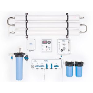 Watermakers | Advanced Reverse Osmosis Desalination Systems - Watermaker WMSQ-3000 reverse osmosis desalination system in a modular, wall-mounted configuration. Blue and white pipes and white system boxes with dials and gauges.