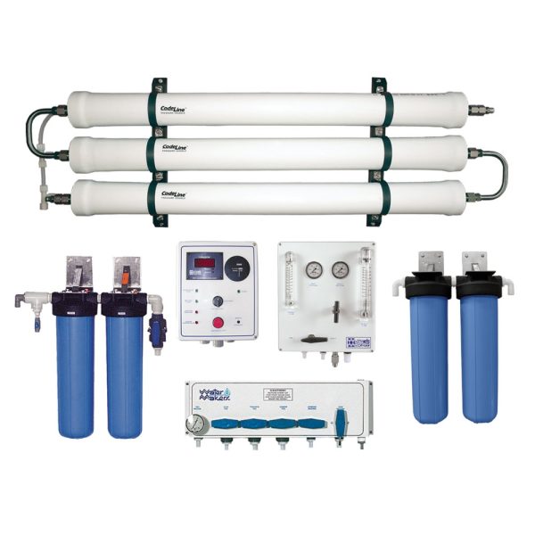 Watermakers | Advanced Reverse Osmosis Desalination Systems - Watermaker WMSQ-4000 reverse osmosis desalination system in a modular, wall-mounted configuration. Blue and white pipes and white system boxes with dials and gauges.